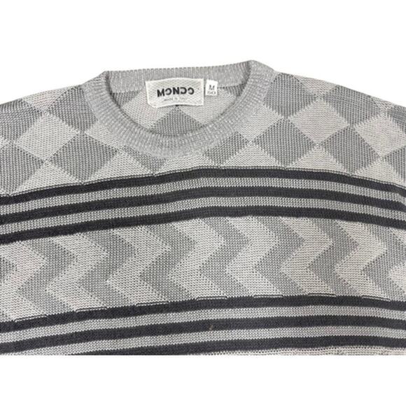 90s Y2K Mondo Italian Mens Sweater Silver/Black Diamond Stripe Zigzag Sz M - Picture 7 of 9